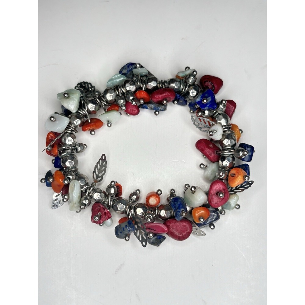 Vintage 1990's Charm Bracelet Gemstone Chips Stretch Silver Tone Feathers Boho